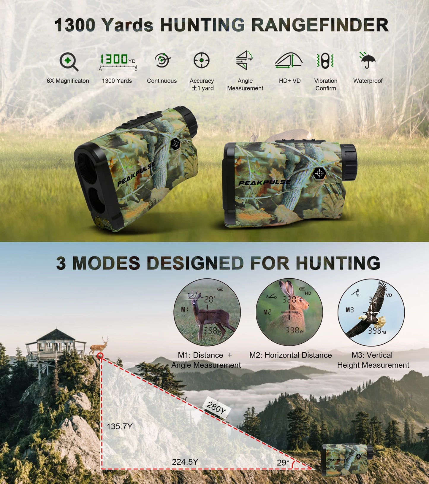 PEAKPULSE 1300 Yards Laser Range Finder for Hunting Waterproof 6X Rangefinder Height Angle Horizontal Distance Meter