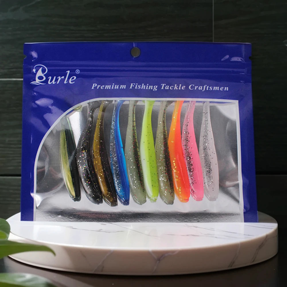 10Pcs 9cm Fishing Lures T Tail Worm Soft Bait Plastic Paddle