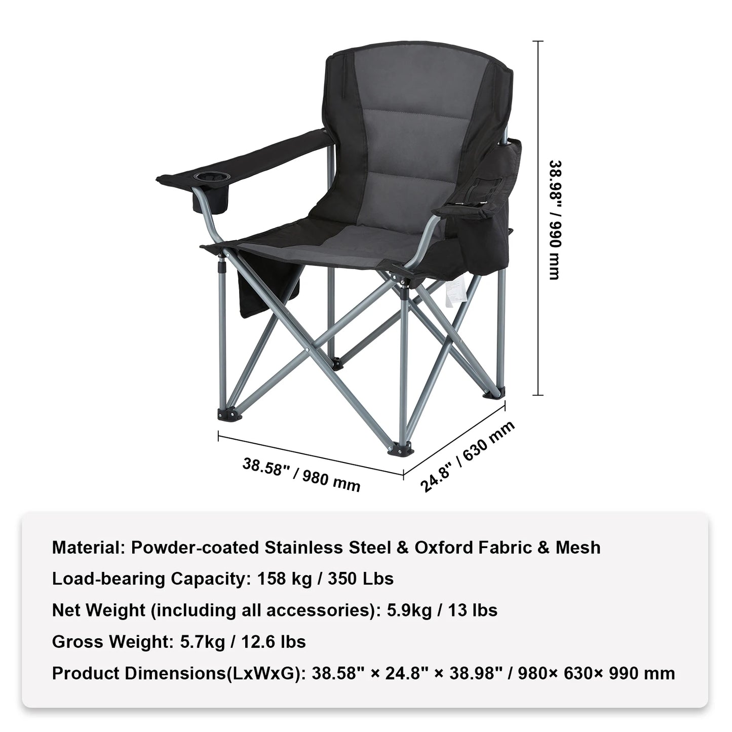 SucceBuy Camping Folding Chair for Adults Portable Quad Lumbar Back Padded Arm Chairs with Side Pockets