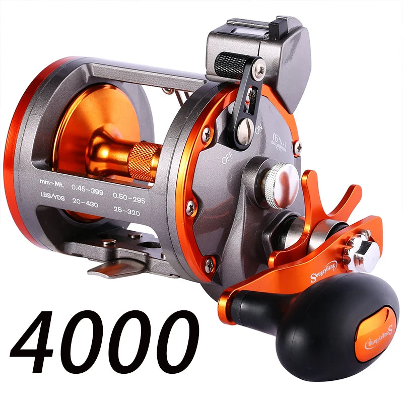Sougayilang Line Counter Trolling Reel Conventional Level Wind Fishing Reel for Sea Bass Grouper 4.1:1/6+1BB Max Drag 30Kg