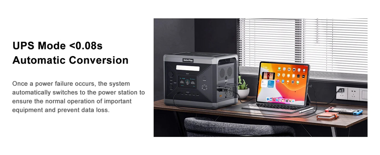 SOLARPLAY Q2501 Portable Power Station 2160WH LiFePO4 Battery with 2400W (4800W Peak) AC Output Solar Generator