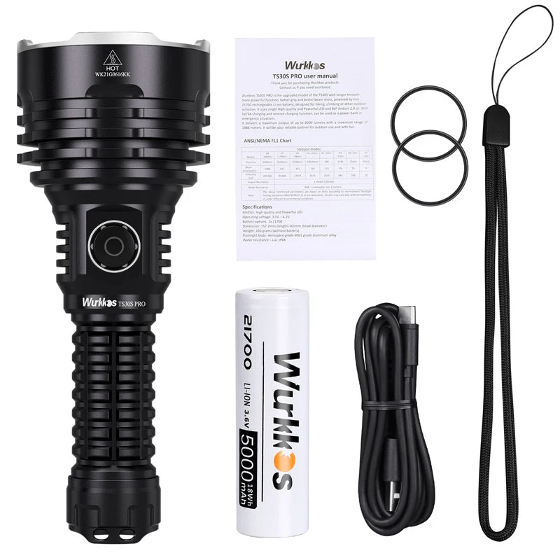 Wurkkos TS30S Pro 21700 Rechargeable Tactical Flashlight  LED USB-C 6000Lm Torch MAX 1086M Stainless Bezel Anduril 2 Power Bank