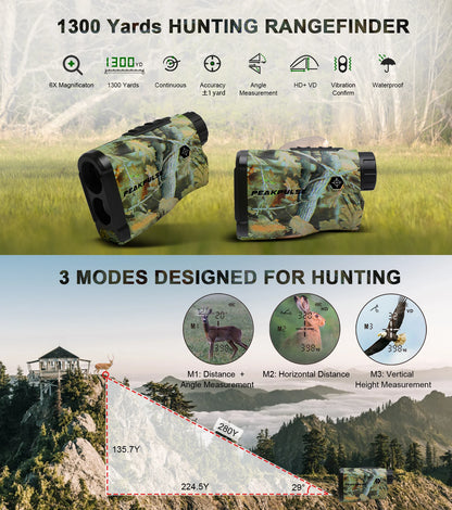 PEAKPULSE 1300 Yards Laser Range Finder for Hunting Waterproof 6X Rangefinder Height Angle Horizontal Distance Meter
