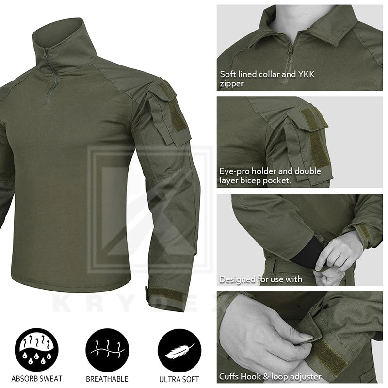 KRYDEX Ranger Green Tactical Combat Shirt For Hunting Outdoor CP Style Outdoor Camouflage Tops + Elbow Pads