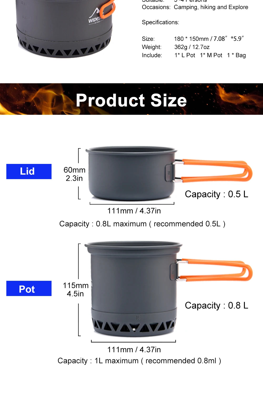 Widesea Camping 1.3L 2.3L Cookware Outdoor Cooking Set