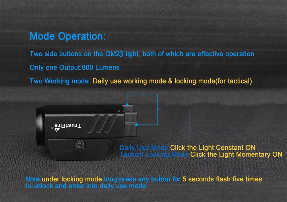Trustfire GM23 Tactical Led Flashlight 800LM USB Rechargeable Quick Release Lights for GL & 20mm Picatinny Rail Tauru TX2