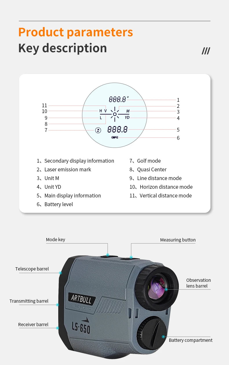 Laser Rangefinder Hunting Outdoor 650m Golf Rangefinder with Flag-Lock Slope Adjusted Distance Meter