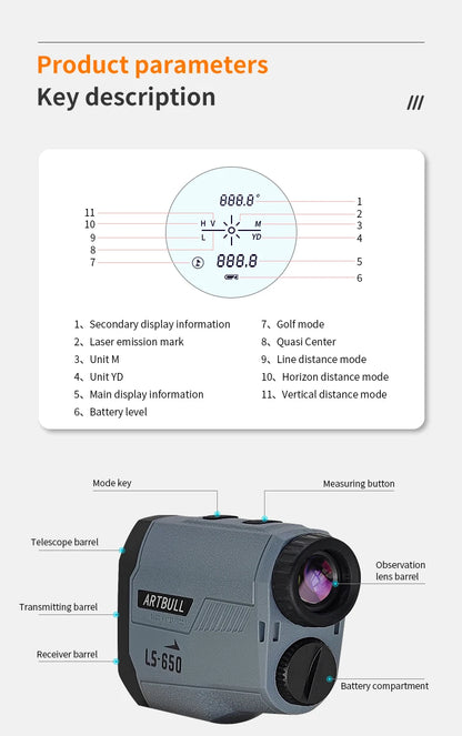 Laser Rangefinder Hunting Outdoor 650m Golf Rangefinder with Flag-Lock Slope Adjusted Distance Meter