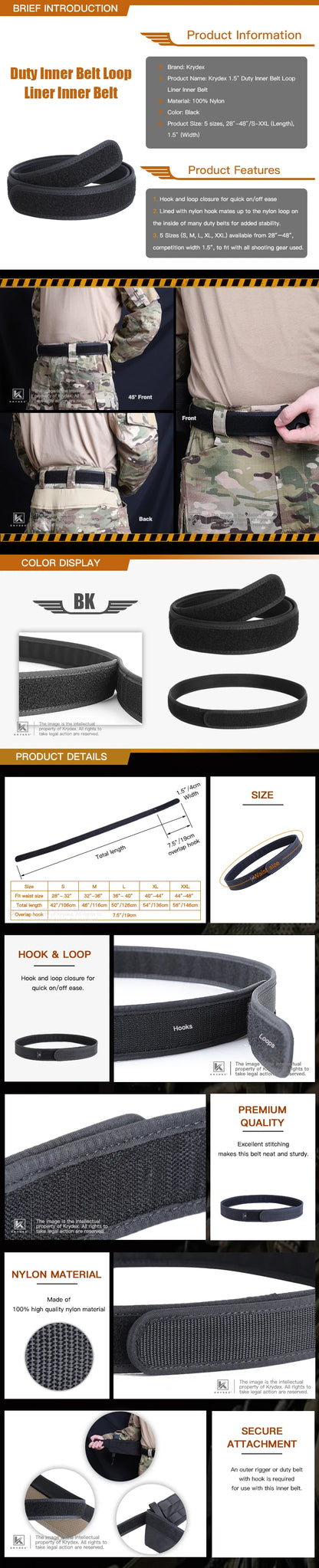 KRYDEX Tactics Buckleless Inner Liner Belt 1.5 Inch Nylon Loop Liner  S - XXL