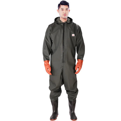 Men's Hooded Long Sleeve Wader Waterproof Overalls Pants With Boots Gloves Set