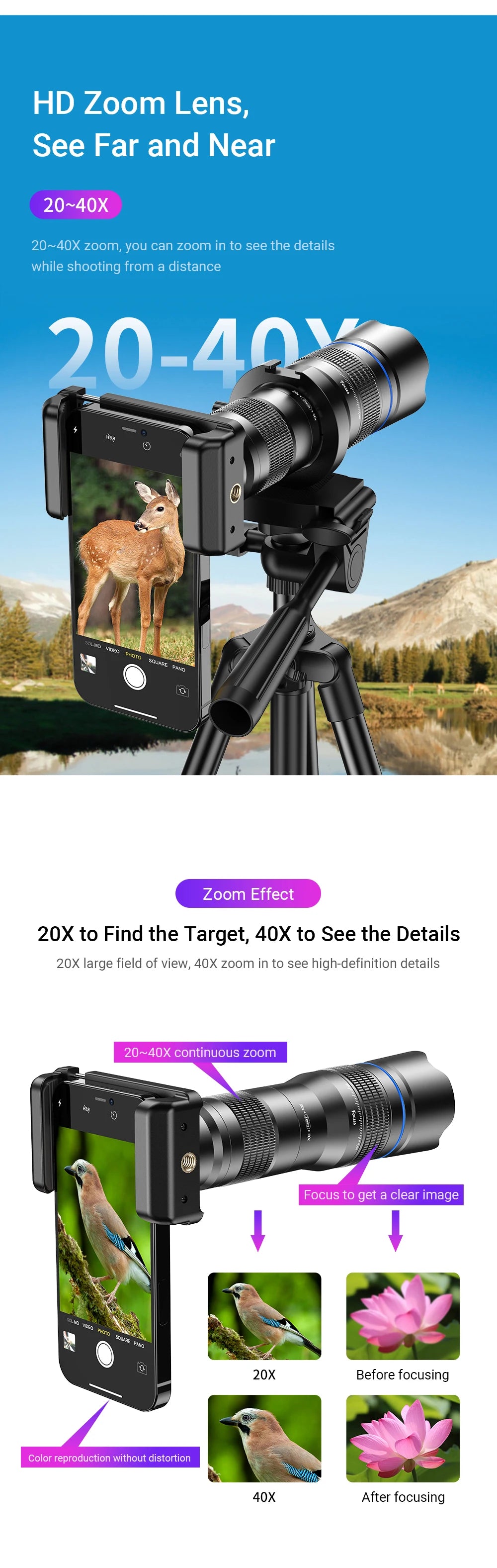 APEXEL HD Metal 20-40x zoom telephoto lens telescope lenses With Metal Extendable tripod for Samsung iPhone all Smartphones