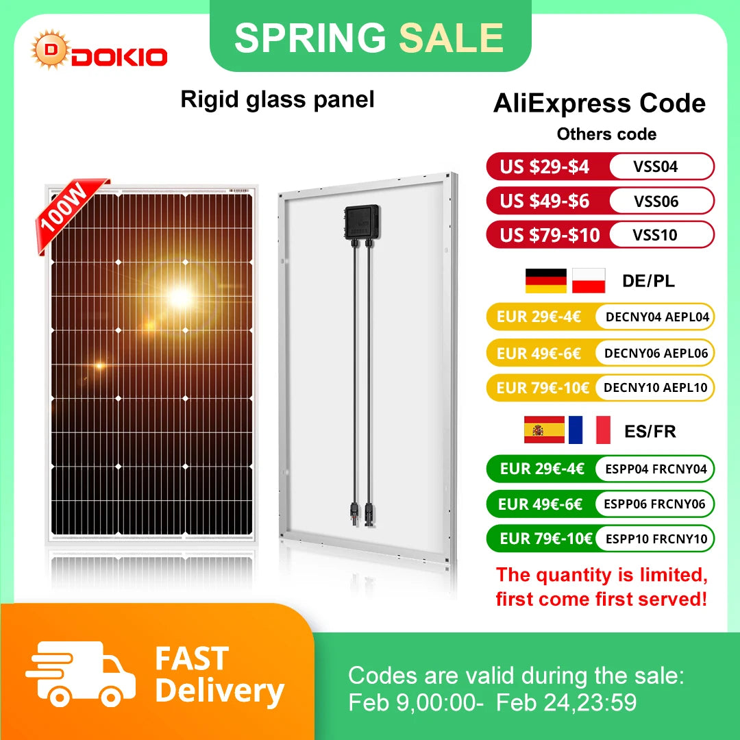 DOKIO 18V 100W Rigid Solar Panel  18V Monocrystalline Silicon Waterproof Solar Panel Charging 12V #DSP-100M Camping/Home/RV