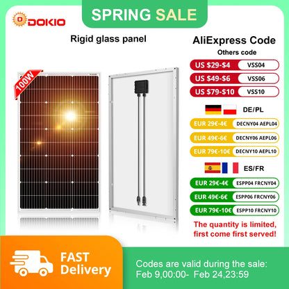 DOKIO 18V 100W Rigid Solar Panel  18V Monocrystalline Silicon Waterproof Solar Panel Charging 12V #DSP-100M Camping/Home/RV