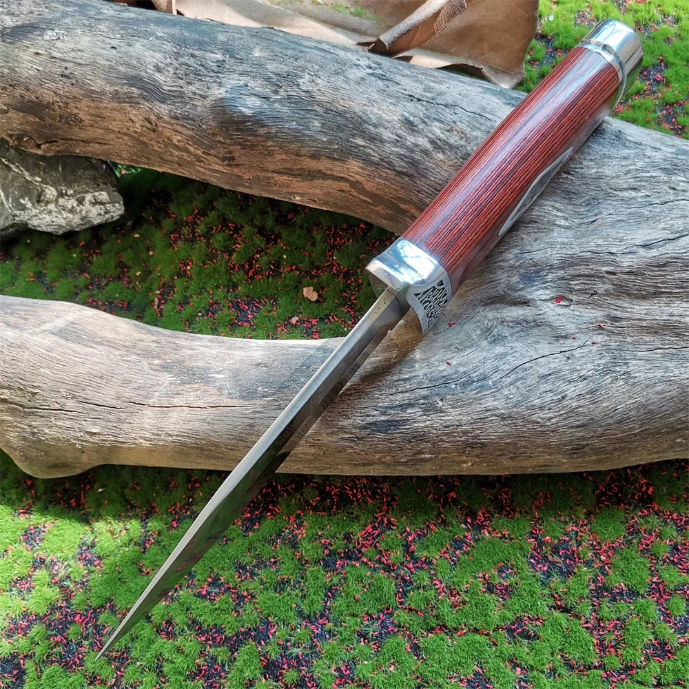Outdoor Camping Knife, Fixed Blade Straight Knife with Wood Handle, 7Cr13 Steel Blade, Tactical and Survival Tool with Scabbard