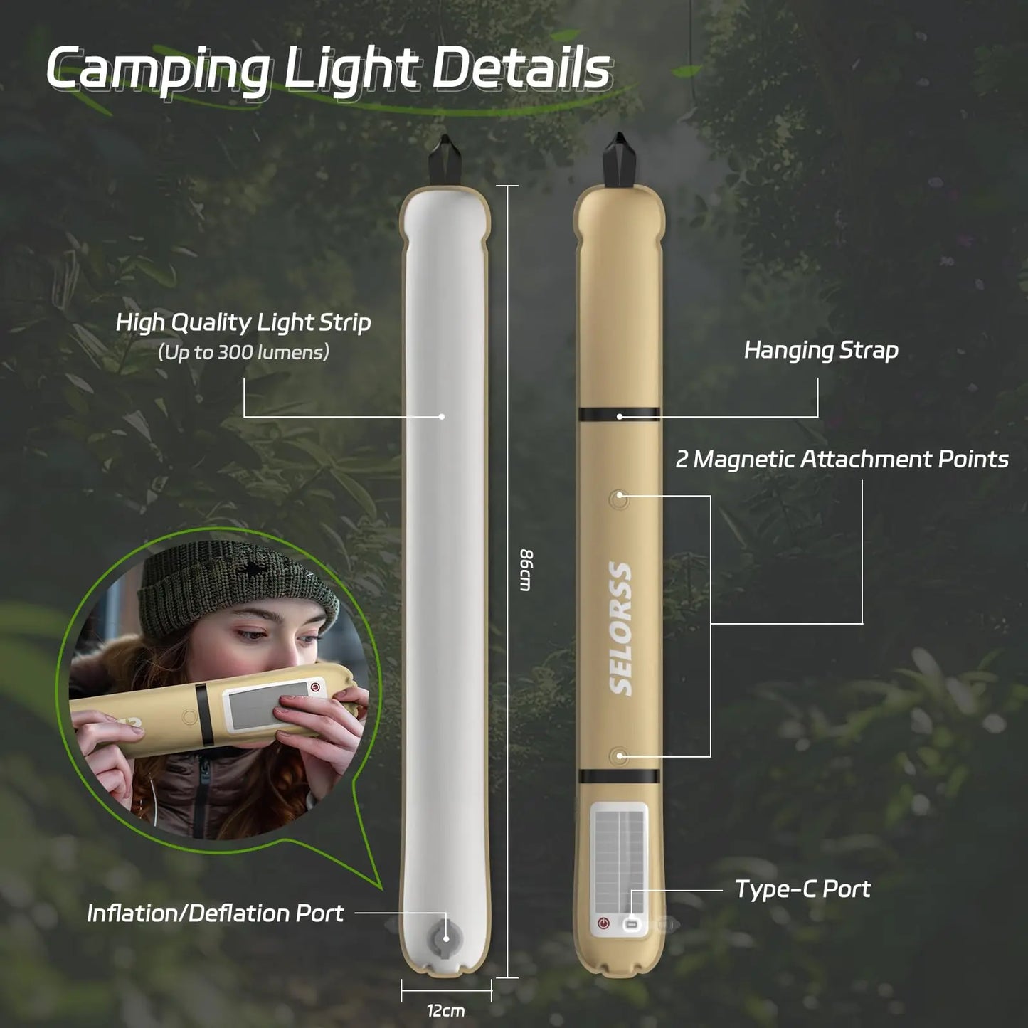 SELORSS Solar Camping Lantern 2000mAh Folding  Waterproof 3 Warm Light for Hiking Camping Fish USB-Type C