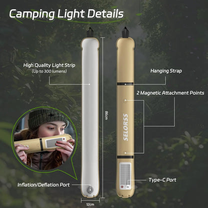SELORSS Solar Camping Lantern 2000mAh Folding  Waterproof 3 Warm Light for Hiking Camping Fish USB-Type C
