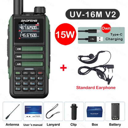 Upgrade Baofeng UV16M V2 Walkie Talkie 15W High Capacity AM FM 2-Way Radio Full Band LCD 999CH Frequency Copy NOAA Noise Reduce