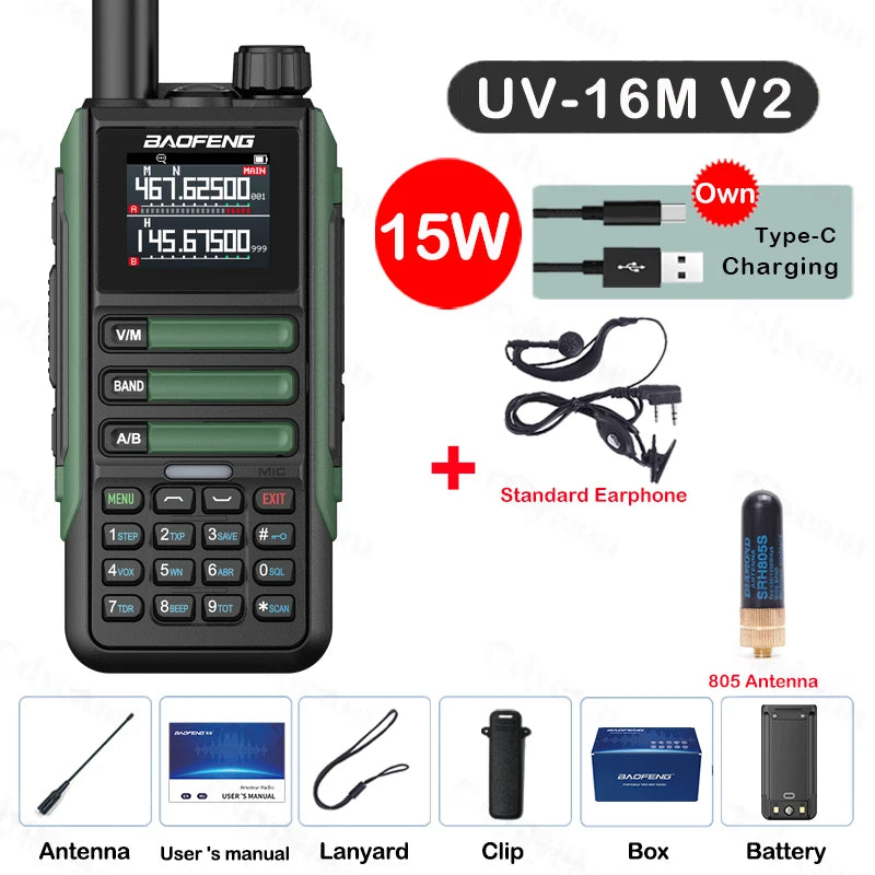 Upgrade Baofeng UV16M V2 Walkie Talkie 15W High Capacity AM FM 2-Way Radio Full Band LCD 999CH Frequency Copy NOAA Noise Reduce