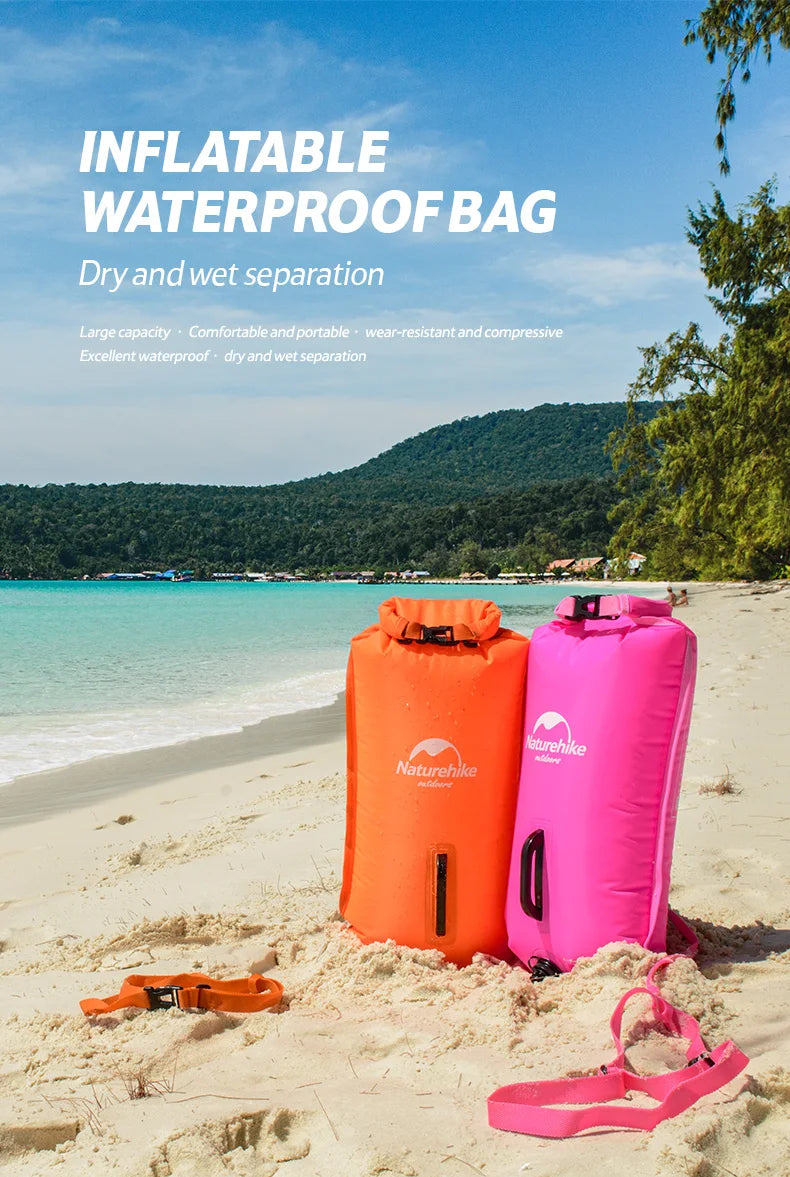 Naturehike Inflatable Swimming Buoy Waterproof 28L Storage Dry Bag Adjustable Belt Flotation Bag Dual Airbag Swim Drifting Float