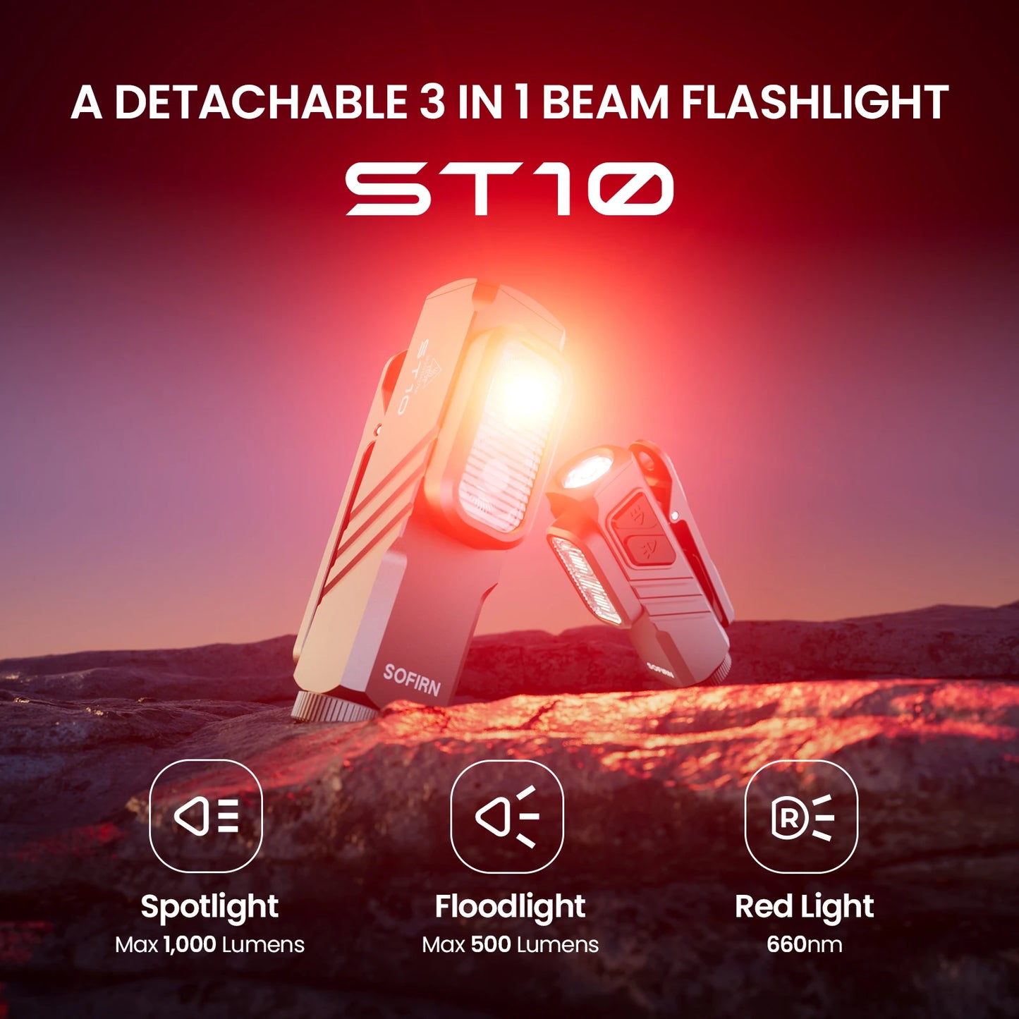 SOFIRN Mini ST10 1000LM EDC Flashlight USB C 14500 Rechargeable with Red Light 660NM Magnetic Tail & Clip