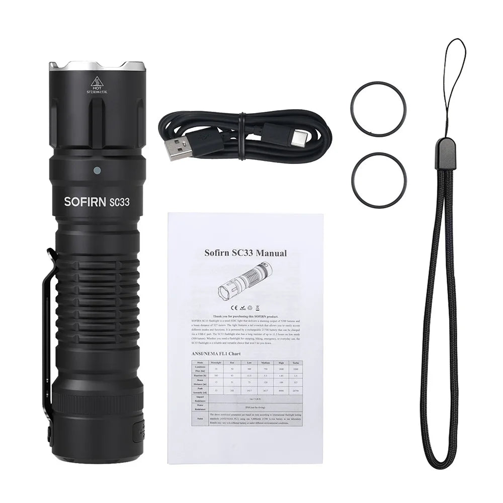 Sofirn SC33 LED Tactical Flashlight XHP70.3 HI  5200lm Powerful 21700 Type C Rechargeable