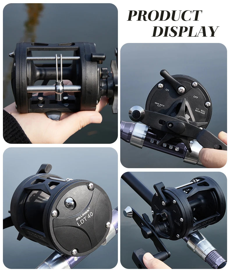 BILLINGS Trolling Drum Fishing Reels 33LB Max Drag 3.8:1 Gear Ratio High Toughness Body