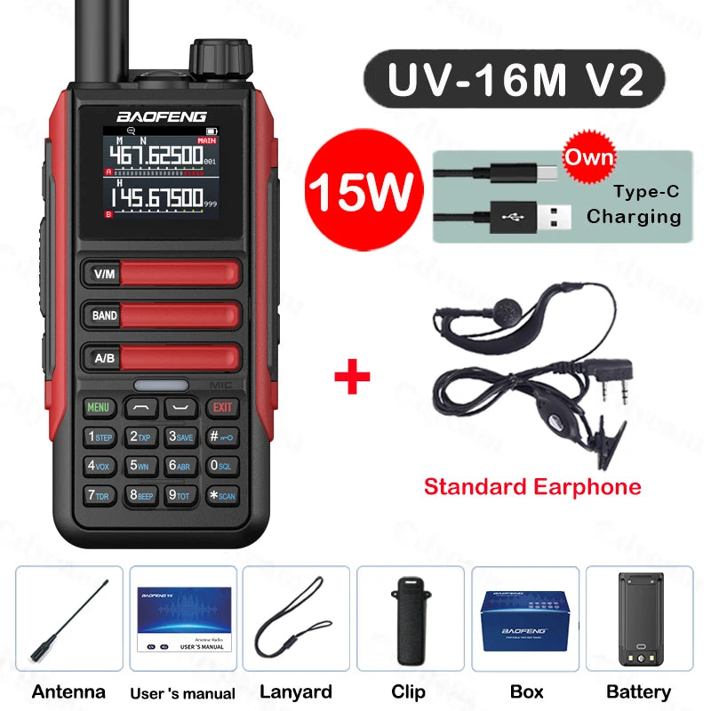 Upgrade Baofeng UV16M V2 Walkie Talkie 15W High Capacity AM FM 2-Way Radio Full Band LCD 999CH Frequency Copy NOAA Noise Reduce