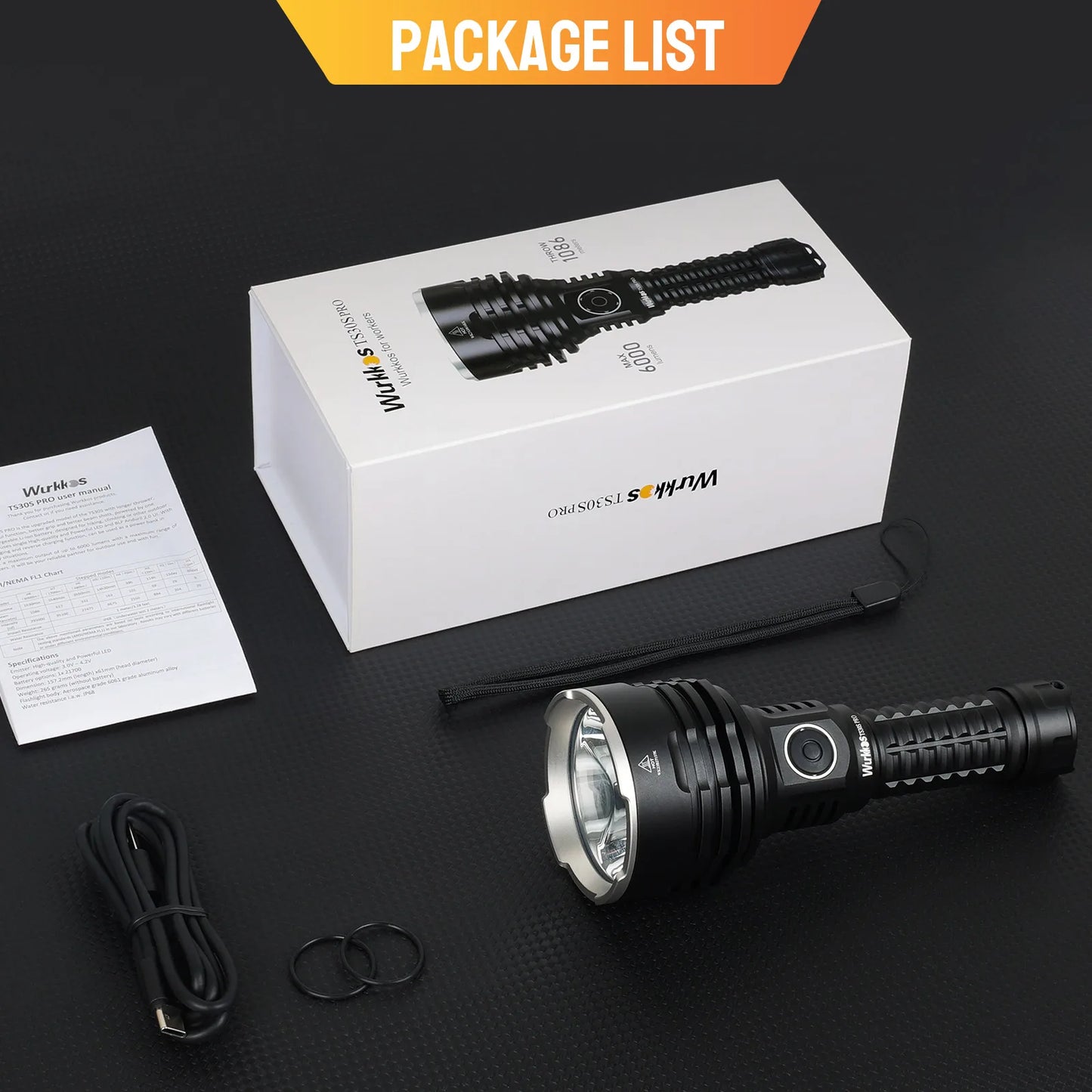 Wurkkos TS30S Pro 21700 Rechargeable Tactical Flashlight  LED USB-C 6000Lm Torch MAX 1086M Stainless Bezel Anduril 2 Power Bank