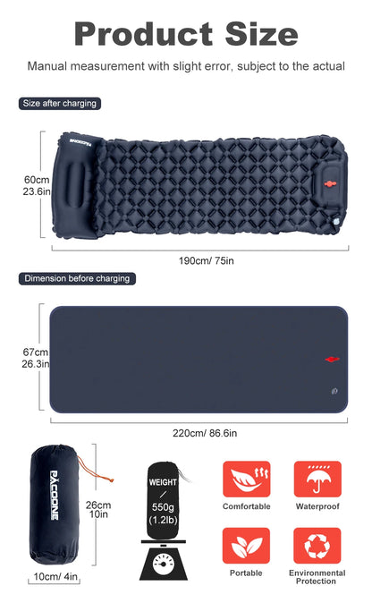 PACOONE Outdoor Sleeping Pad Camping Inflatable Mattress Built-in Pump Ultralight