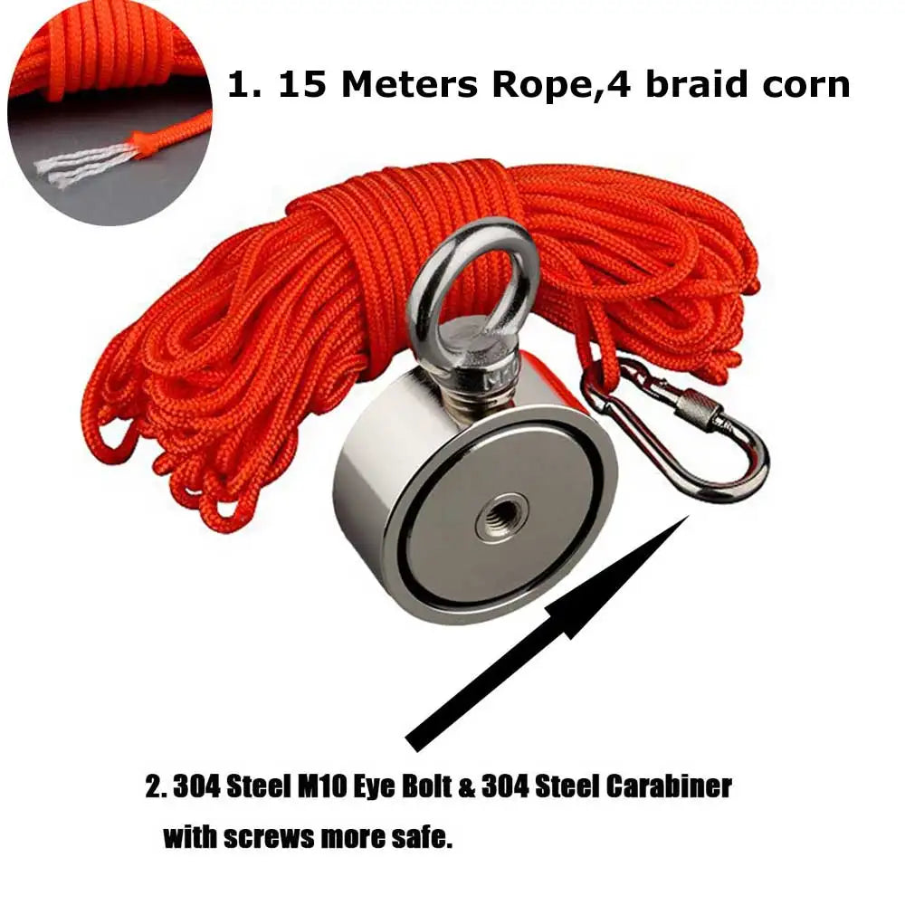 180KGX2 Powerful Double Side Search Magnet 15M Rope Strong Salvage Fishing Magnetic