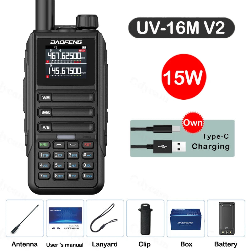 Upgrade Baofeng UV16M V2 Walkie Talkie 15W High Capacity AM FM 2-Way Radio Full Band LCD 999CH Frequency Copy NOAA Noise Reduce