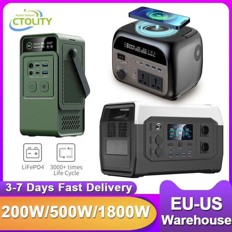 CTOLITY 200W 1800W Portable Power Station LiFePo4 Camping Solar Generator 110V 220V AC Energy Storage