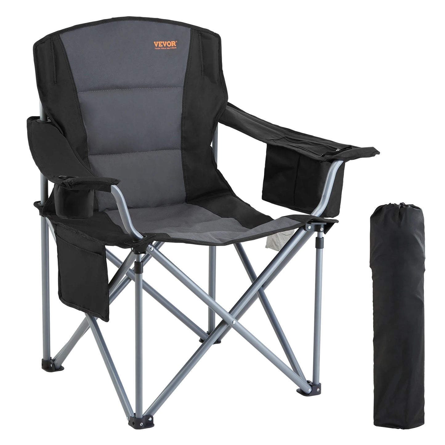SucceBuy Camping Folding Chair Portable Quad Lumbar Back Padded Arm Chairs with Side Pockets
