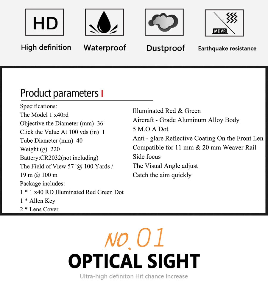 1x40 Red Dot Sight Green Red Dot Sight Illuminated Airsoft Air Hunting with 11/20mm Rails