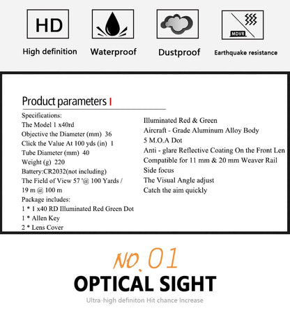 1x40 Red Dot Sight Green Red Dot Sight Illuminated Airsoft Air Hunting with 11/20mm Rails