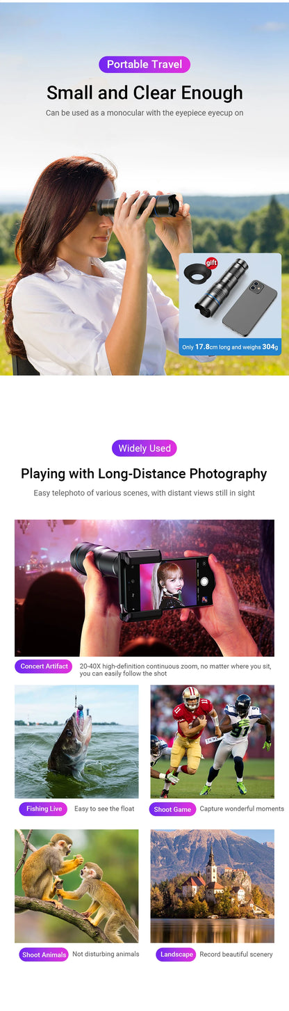 APEXEL HD Metal 20-40x zoom telephoto lens telescope lenses With Metal Extendable tripod for Samsung iPhone all Smartphones
