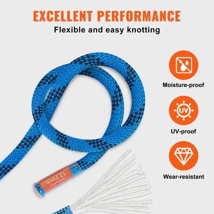 VEVOR 12.7mm Static Climbing Rope 125/150/200ft Outdoor Rock Climbing Rope 30KN Breaking