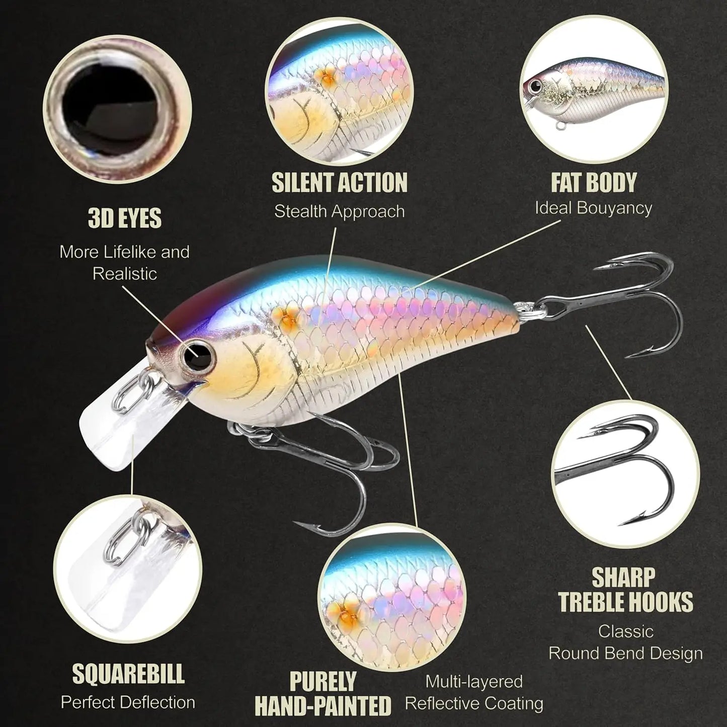 Freshwater Bass Fishing Lure, Crank Bait for Smallmouth and Pike, Floating Squarebill with Perfect Wobble