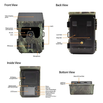 50MP 4K Solar Panel Hunting Camera Infrared Night Vision Monitoring Wildlife Trap Trail Camera Video Photo Recorder Cam