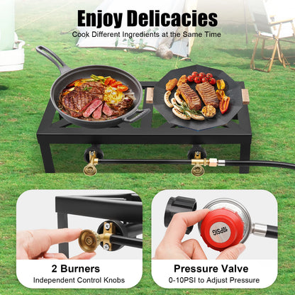 8000W Portable Camping Gas Stove Outdoor 2 Burner BBQ Picnic Camp Propane Cooker Stove with Adjustable 0-10Psi Regulator Hose