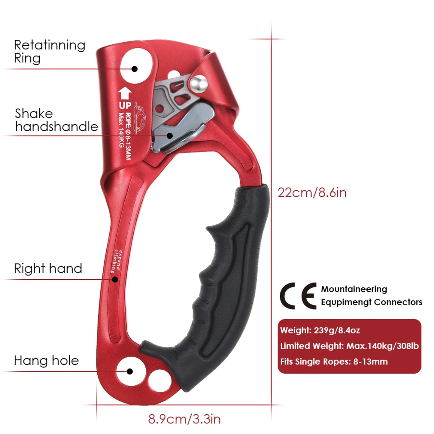 Hand Ascender Vertical Rope Ascender Rock Climbing Equipment 140kg Bearing Capacity