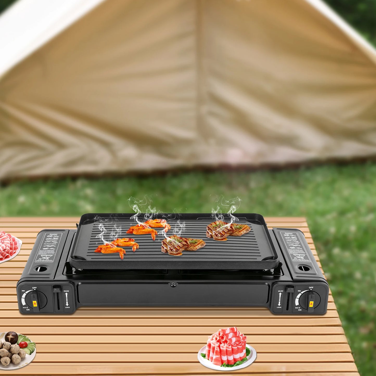 Double Head Barbecue Gas stove with Baking Tray   Outdoor