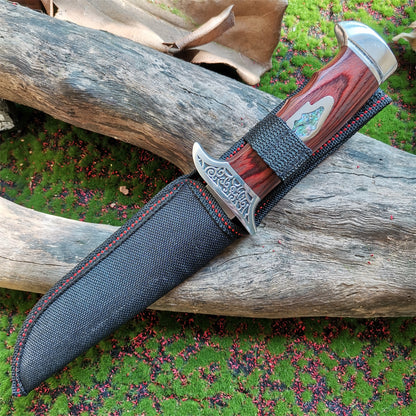 Outdoor Camping Knife, Fixed Blade Straight Knife with Wood Handle, 7Cr13 Steel Blade, Tactical and Survival Tool with Scabbard
