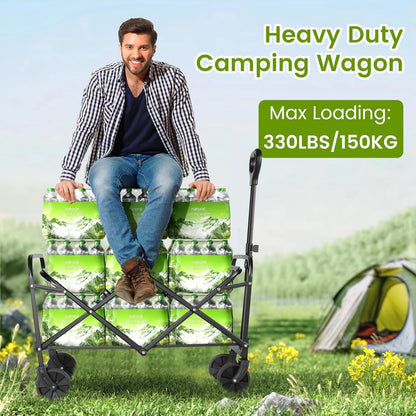 Heavy Duty Wagon Carts Foldable, Portable Wagons for Groceries, Beach Cart with All-Terrain Wheels  Drink Holders, Utility Wagon