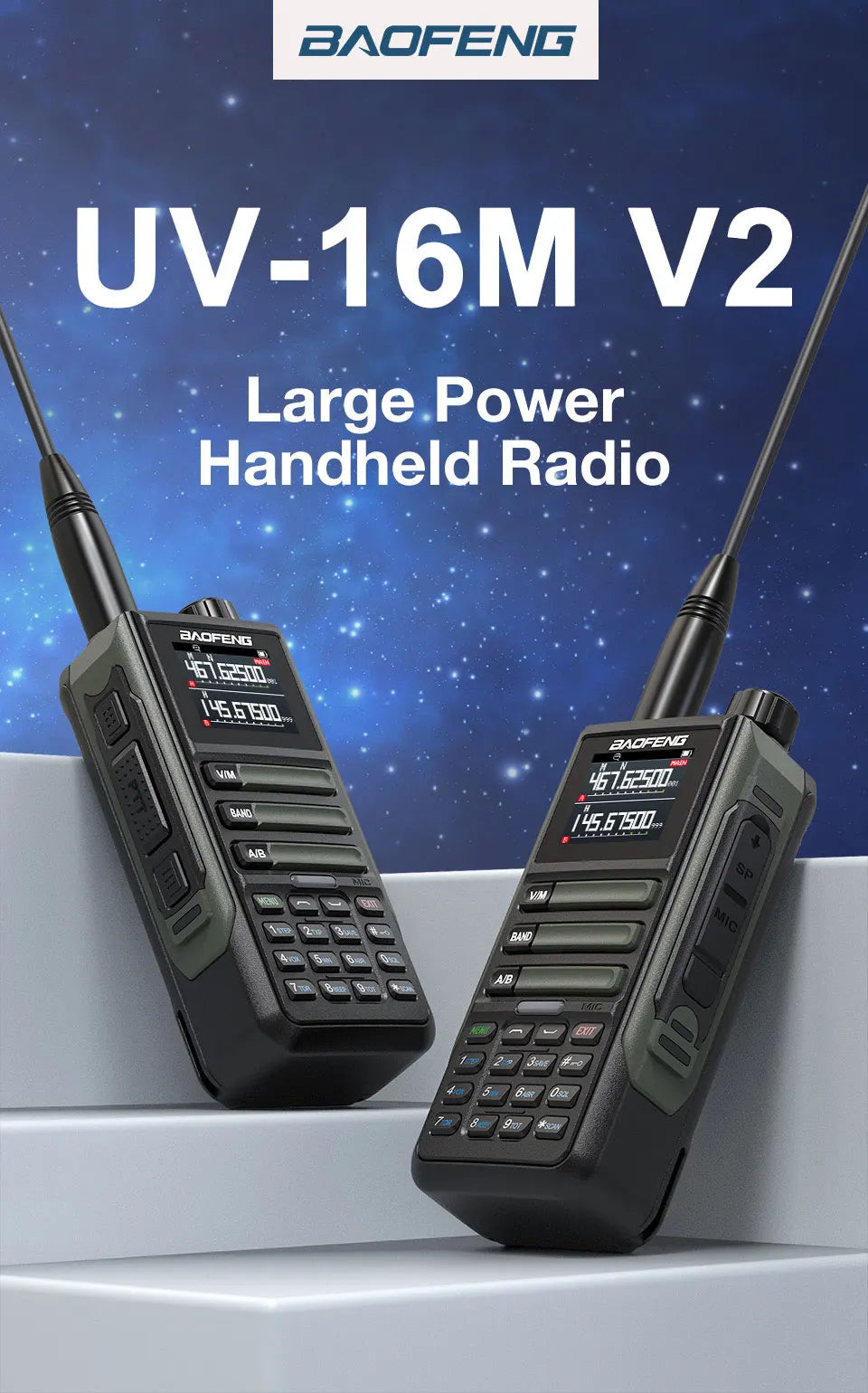 Upgrade Baofeng UV16M V2 Walkie Talkie 15W High Capacity AM FM 2-Way Radio Full Band LCD 999CH Frequency Copy NOAA Noise Reduce
