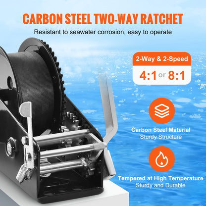 SucceBuy Hand Winch Boat Trailer Winch Heavy Duty Rope Crank Polyester Strap & Two-Way Ratchet Manual Operated Hand Crank Winch