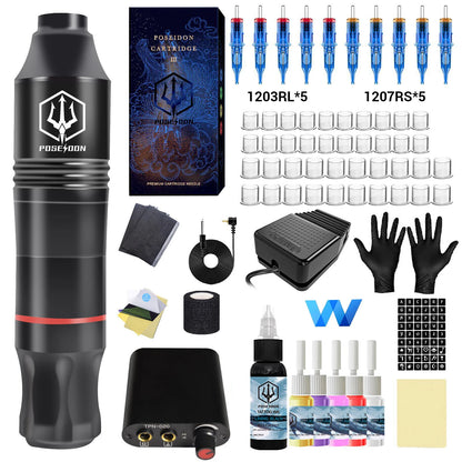 POSEIDON Tattoo Kit High Quality Tattoo Pen Kit For Permanent Makeup Tattoo Machine Kit 10PCS Tattoo Needle Black Tattoo Gun Kit