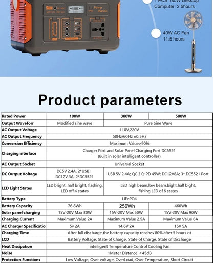 jsdsolar 300W 500W Portable Solar Power Station Generator 110V220V LED Light Emergency Solar Power Bank for Home Outdoor Camping