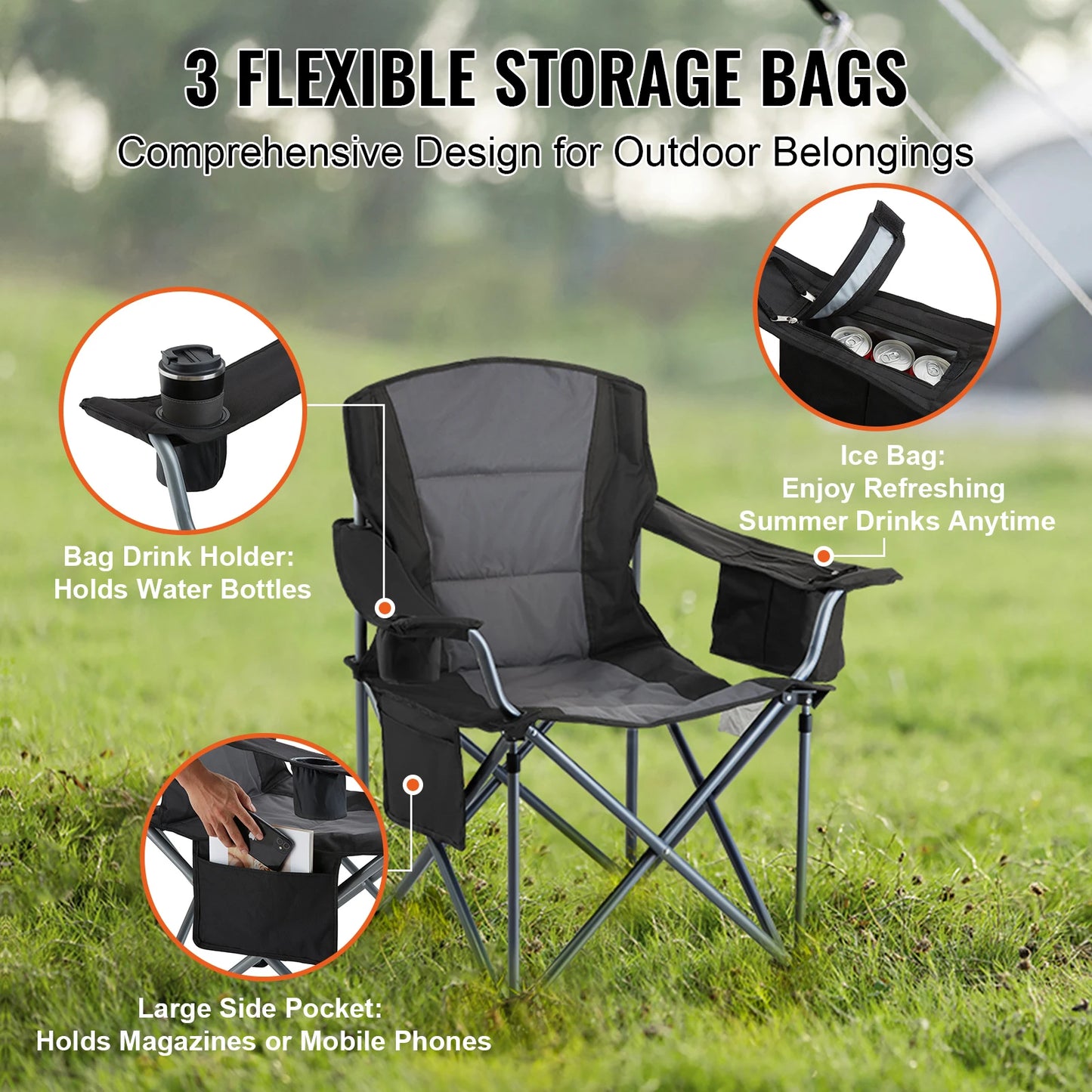 SucceBuy Camping Folding Chair for Adults Portable Quad Lumbar Back Padded Arm Chairs with Side Pockets