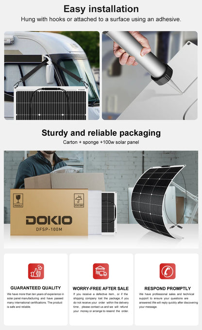 Dokio 18V 100W Flexible Monocrystalline Silicon Solar Panel Rechargeable 12V Battery Waterproof Solar Panel